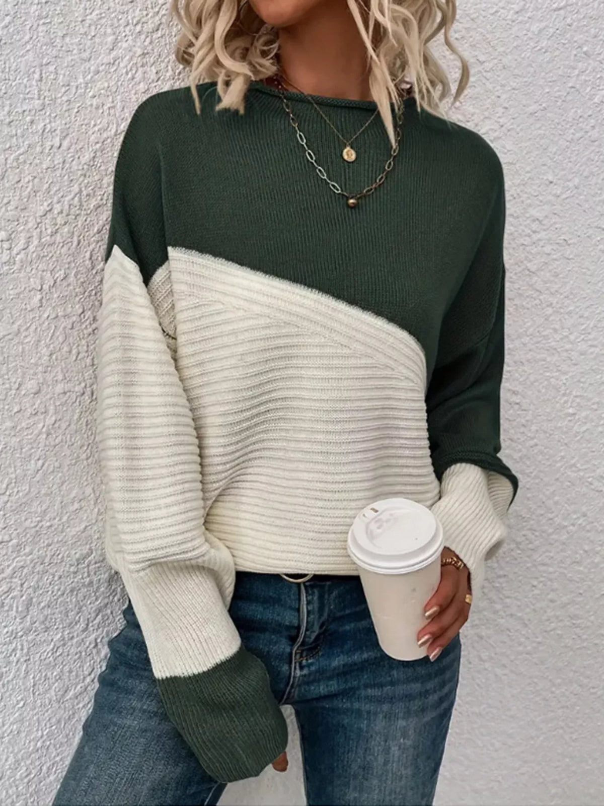 Color Block Ribbed Knit Sweater full outfit view