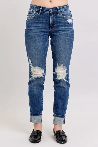 Judy Blue Full Size Mid Rise Boyfriend destroy Jeans with Yoke Pockets and Faux Selvedge Cuff Plus Size - Fashorio