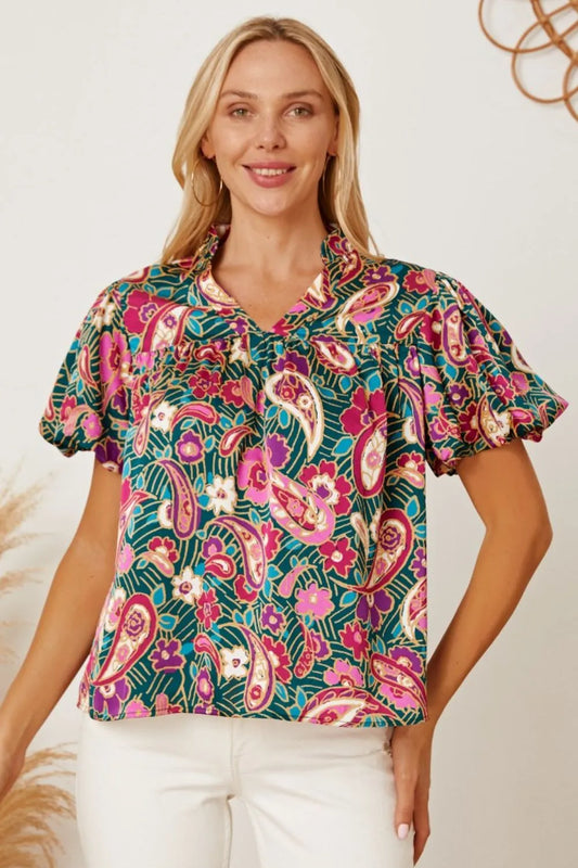Floral Collared Neck Short Sleeve Blouse Multicolor - Fashorio