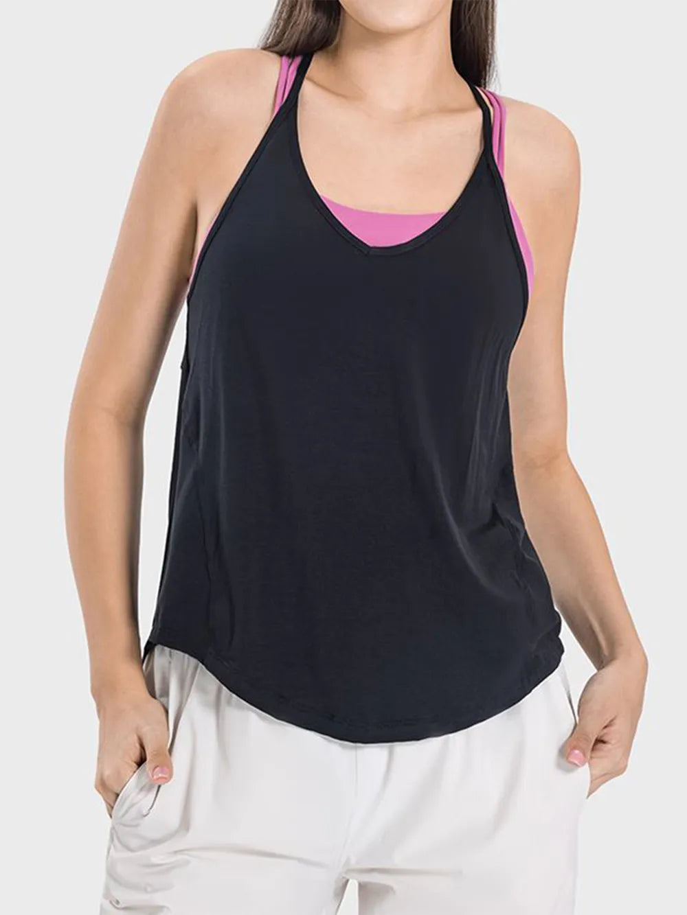 Millennia Slit Spaghetti Strap Scoop Neck Active Cami Black - Fashorio