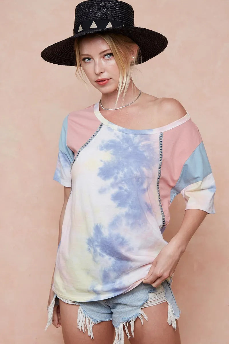 Playful color block top close up detail