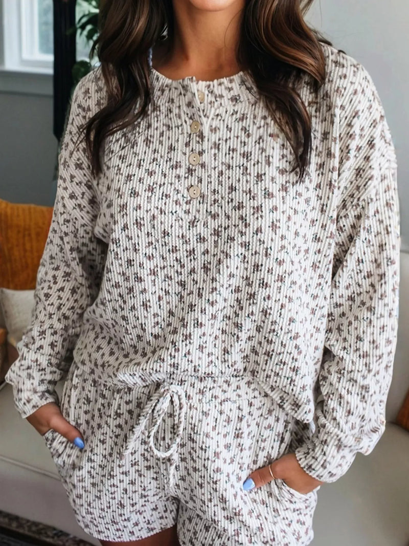 Floral ribbed henley top and shorts set front