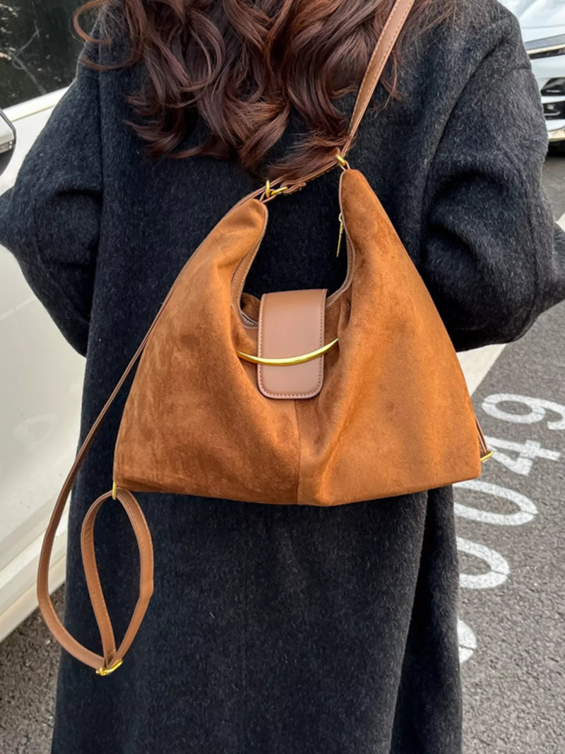 Terracotta suede convertible backpack front view