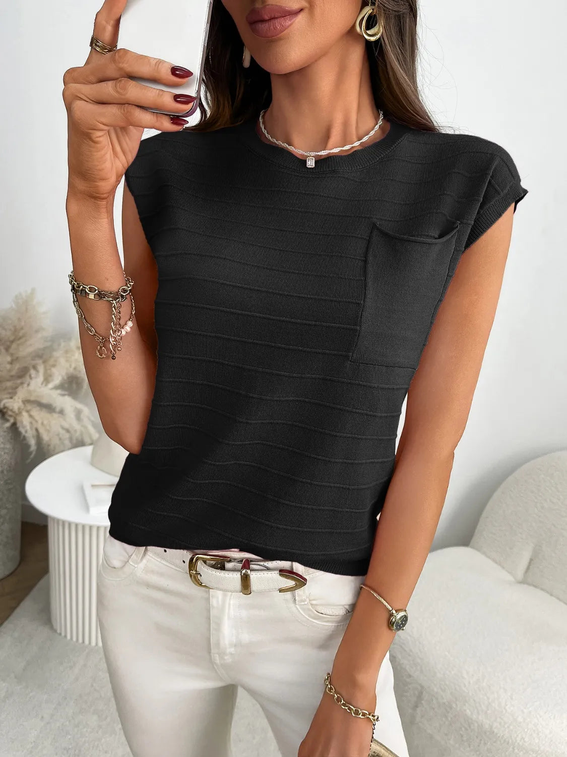 Round Neck Cap Sleeve Knit Top - Fashorio