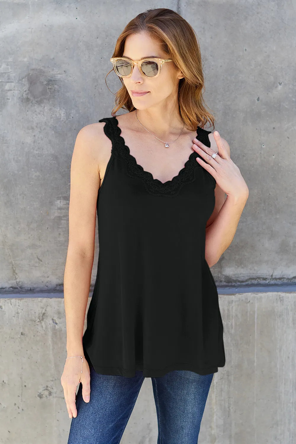 Basic Bae lace detail V neck cutout cami front view on model