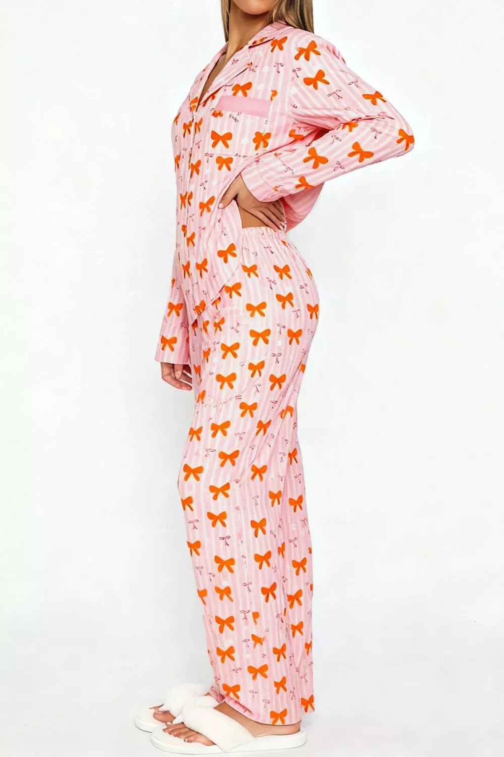 Bow print buttoned top and wide leg pants matching set