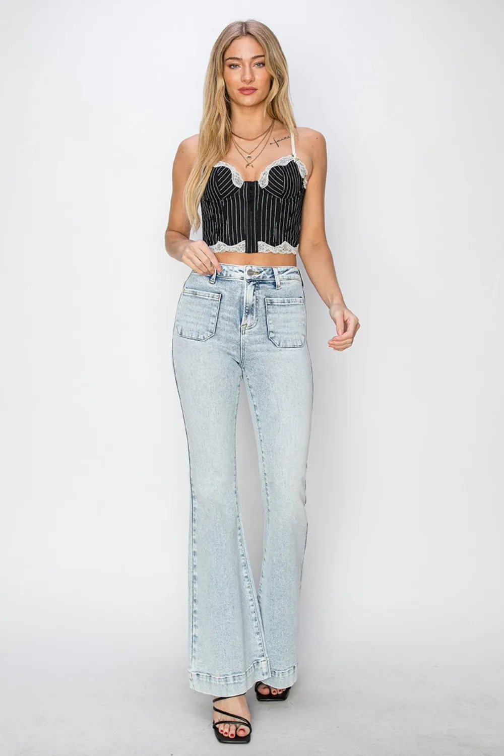 Risen Full Size High Rise Front Patch Pocket Flare Jeans - Fashorio
