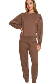 Zenana Scuba Crewneck Pullover & Joggers 2 Pieces Set BROWN - Fashorio
