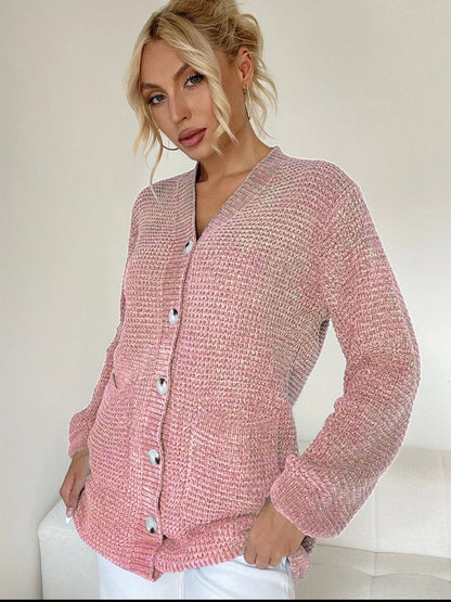 Pocketed V-Neck Button Up Cardigan Dusty Pink One Size - Fashorio