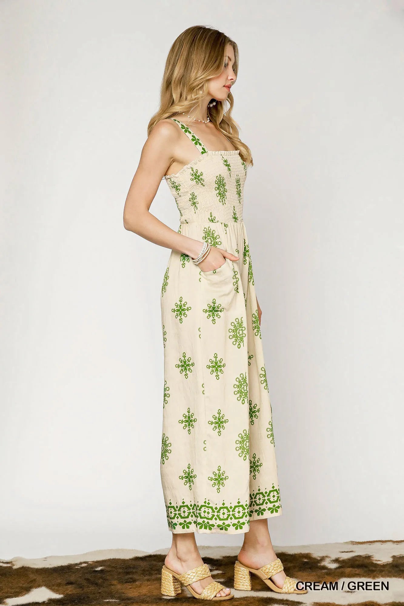 Umgee Smocked Printed Wide Leg Jumpsuit - Fashorio