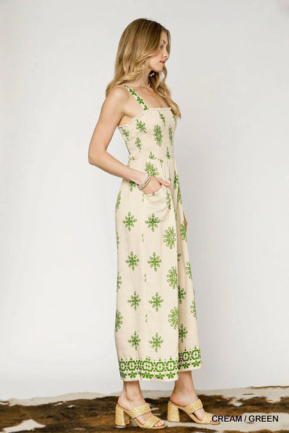 Umgee Smocked Printed Wide Leg Jumpsuit - Fashorio