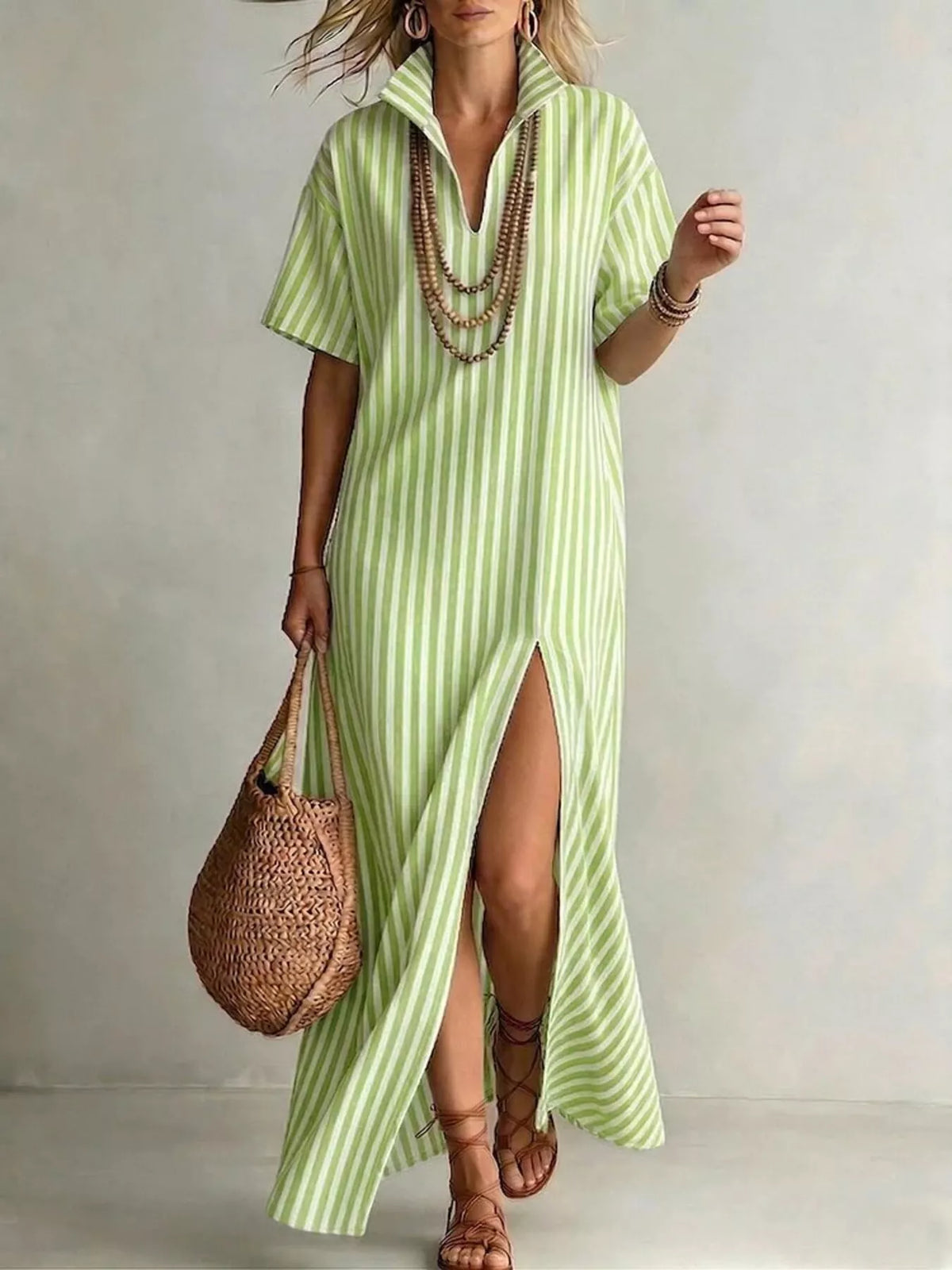Striped high slit maxi shirt dress side view