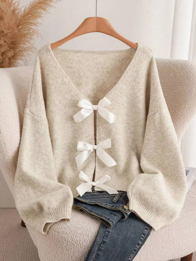 Bow knot front V neck knit cardigan