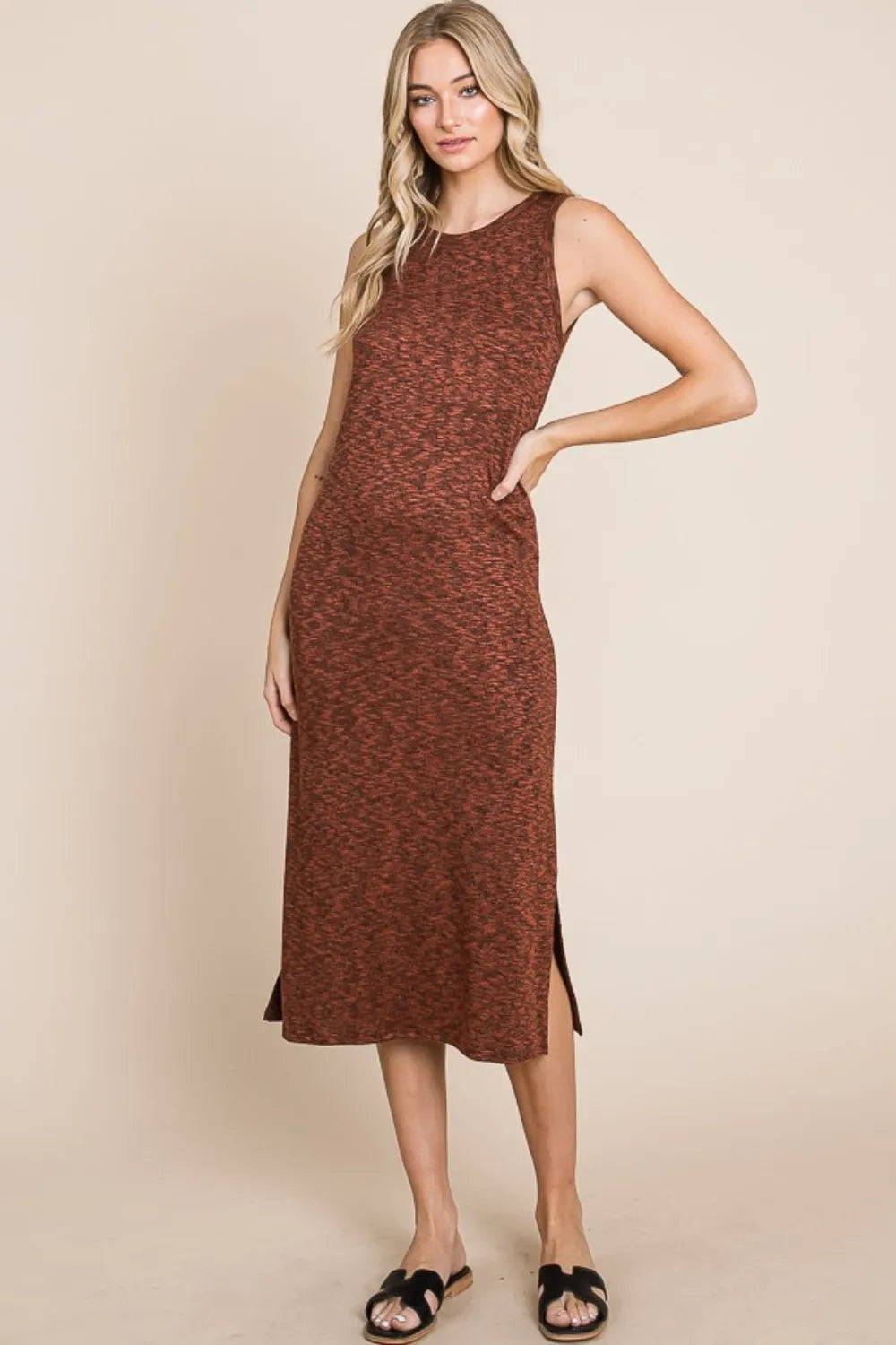 Side Slit Sleeveless Midi Dress in Rust styled look