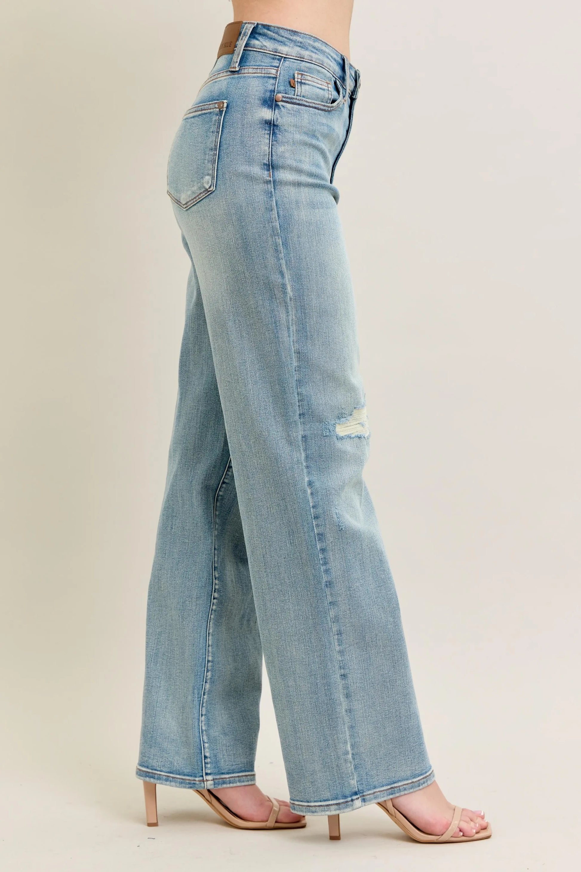 Judy Blue Full Size Hw Destroy & Knee Patch Straight Jeans Plus Size - Fashorio