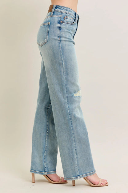 Judy Blue Full Size Hw Destroy & Knee Patch Straight Jeans Plus Size - Fashorio