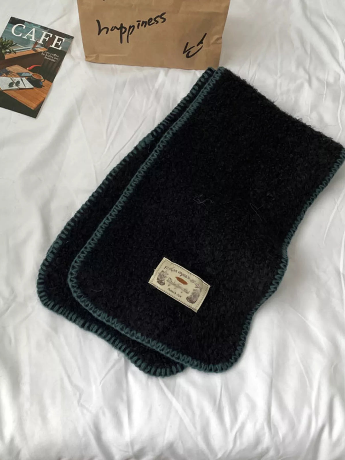 Close up of the plush fabric and contrast trim