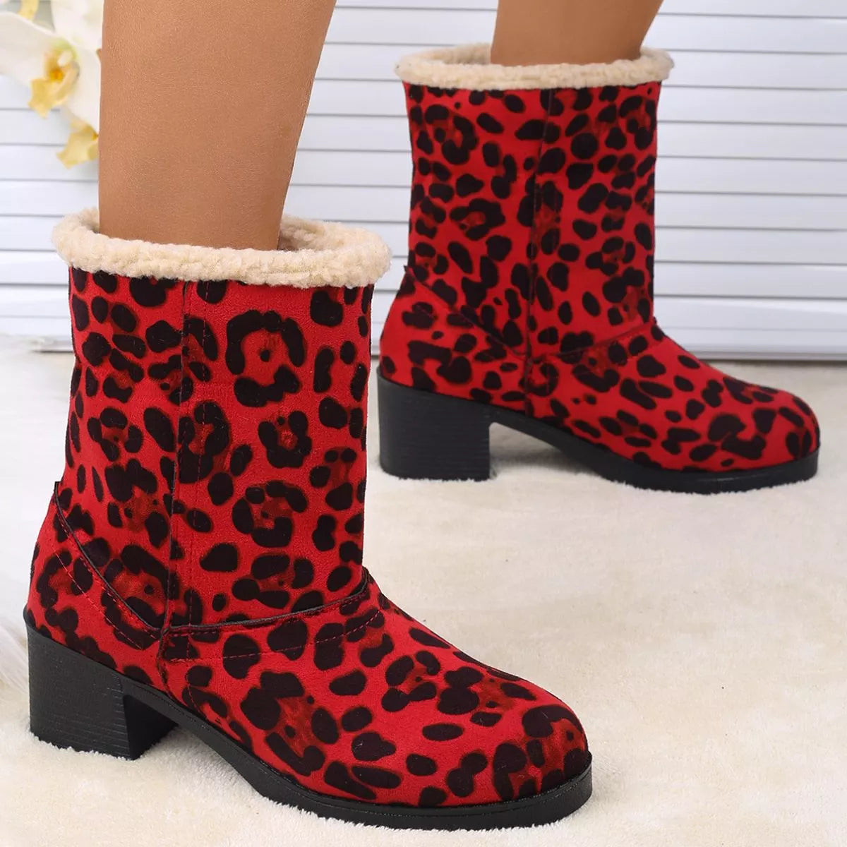 Plush Cuff Block Heel Boots back view
