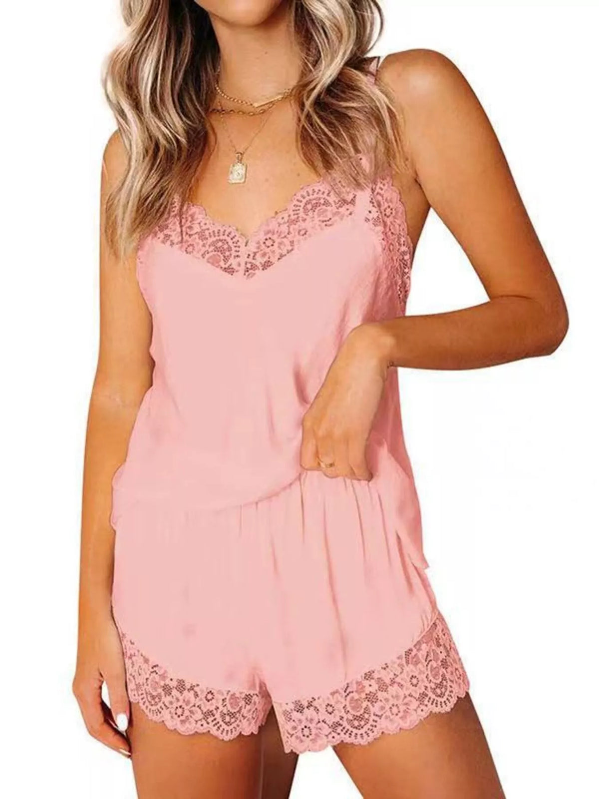 Lace Trim Cami and Shorts Two Piece Lounge Set, view 10