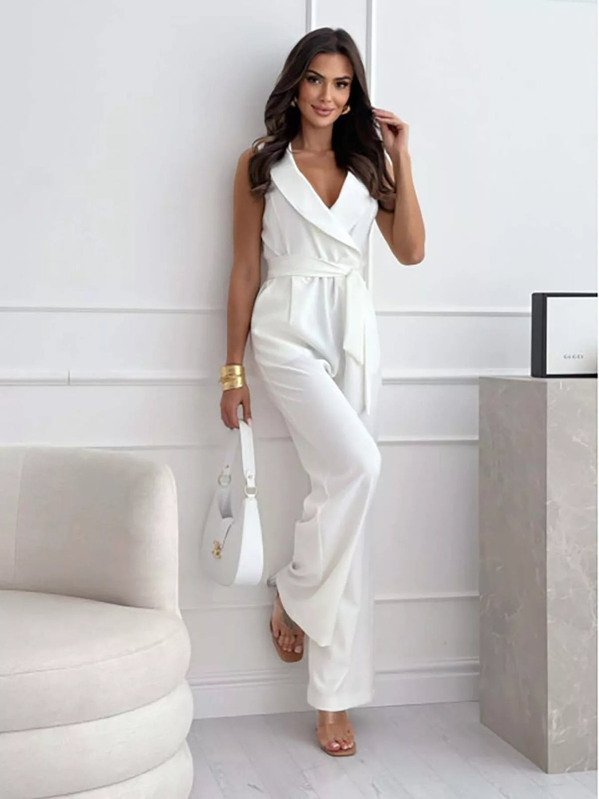 Shoulder and neckline detail of the sleeveless jumpsuit