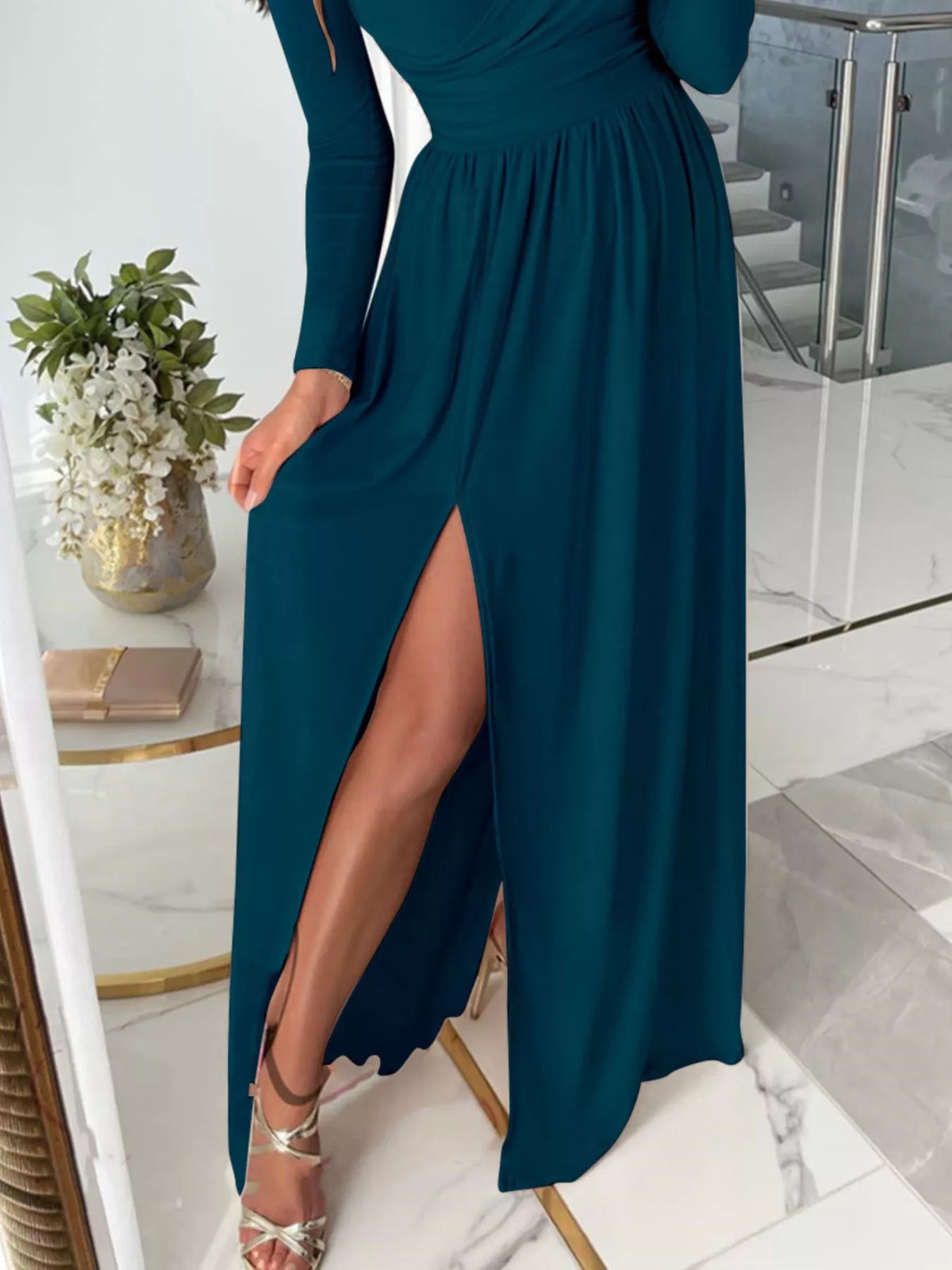 Slit surplice cold shoulder maxi dress full length view