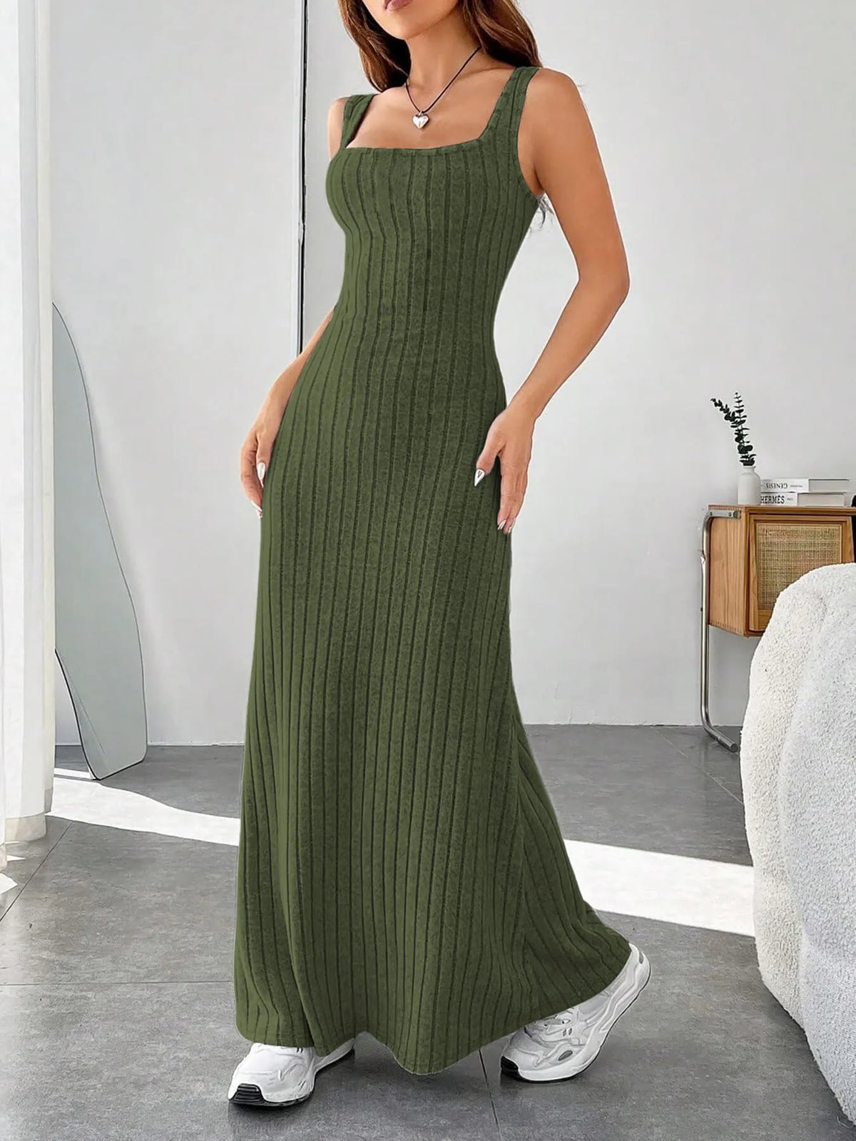 ribbed knit square neck sleeveless maxi dress styled view 2