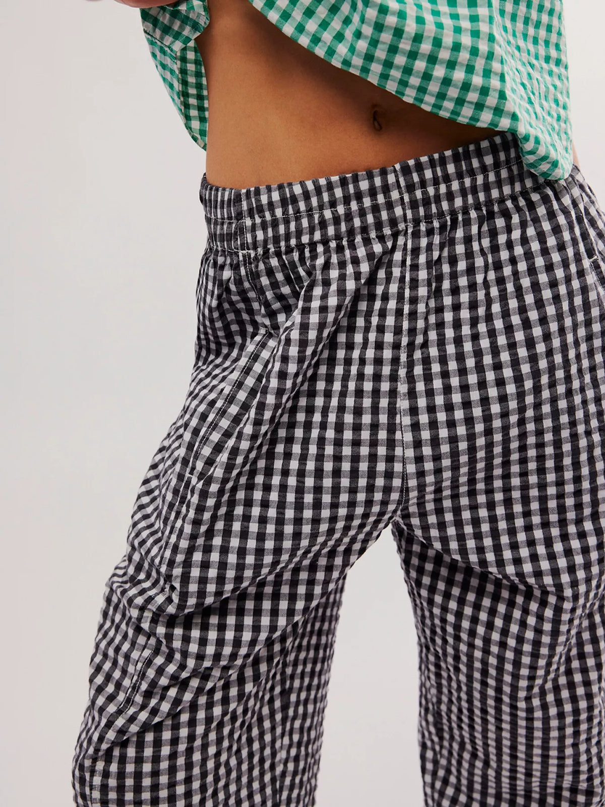 Green gingham relaxed fit pants close up view