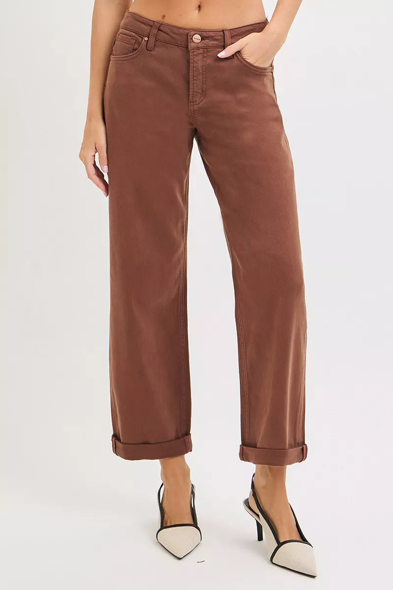 RISEN mid rise ankle barrel baggy jeans front view in brown wash