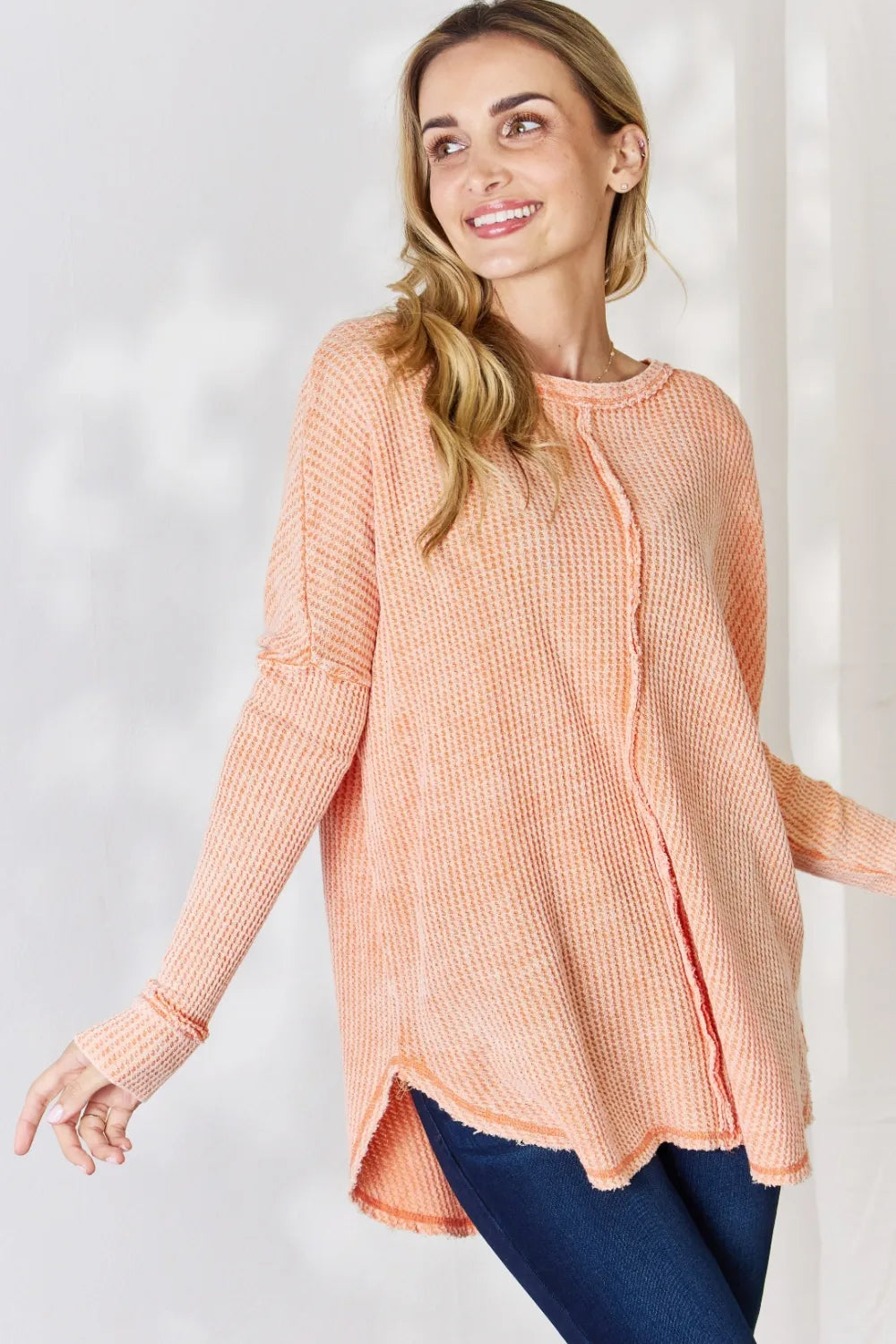 Zenana Oversized Washed Waffle Long Sleeve Top - Fashorio
