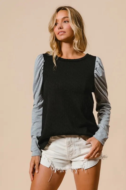 Cable Knit Top with Contrast Puff Sleeve in Black detail