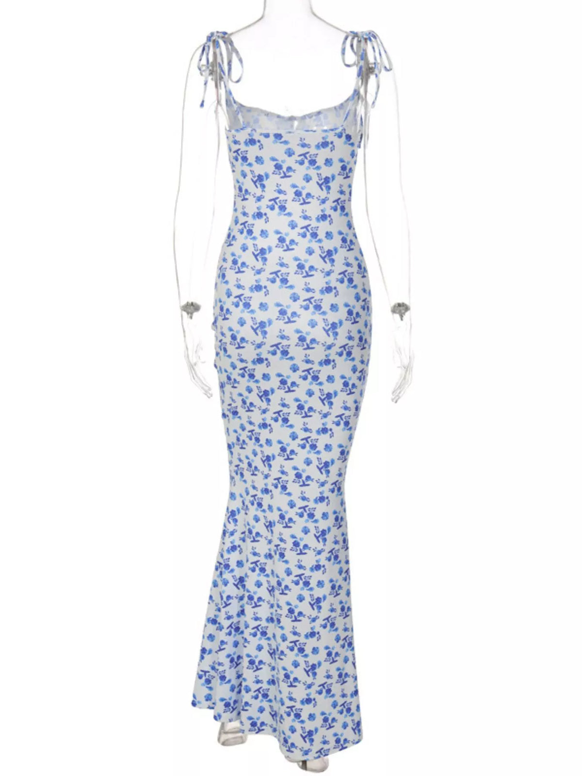 Floral tie strap bodycon maxi dress neckline detail