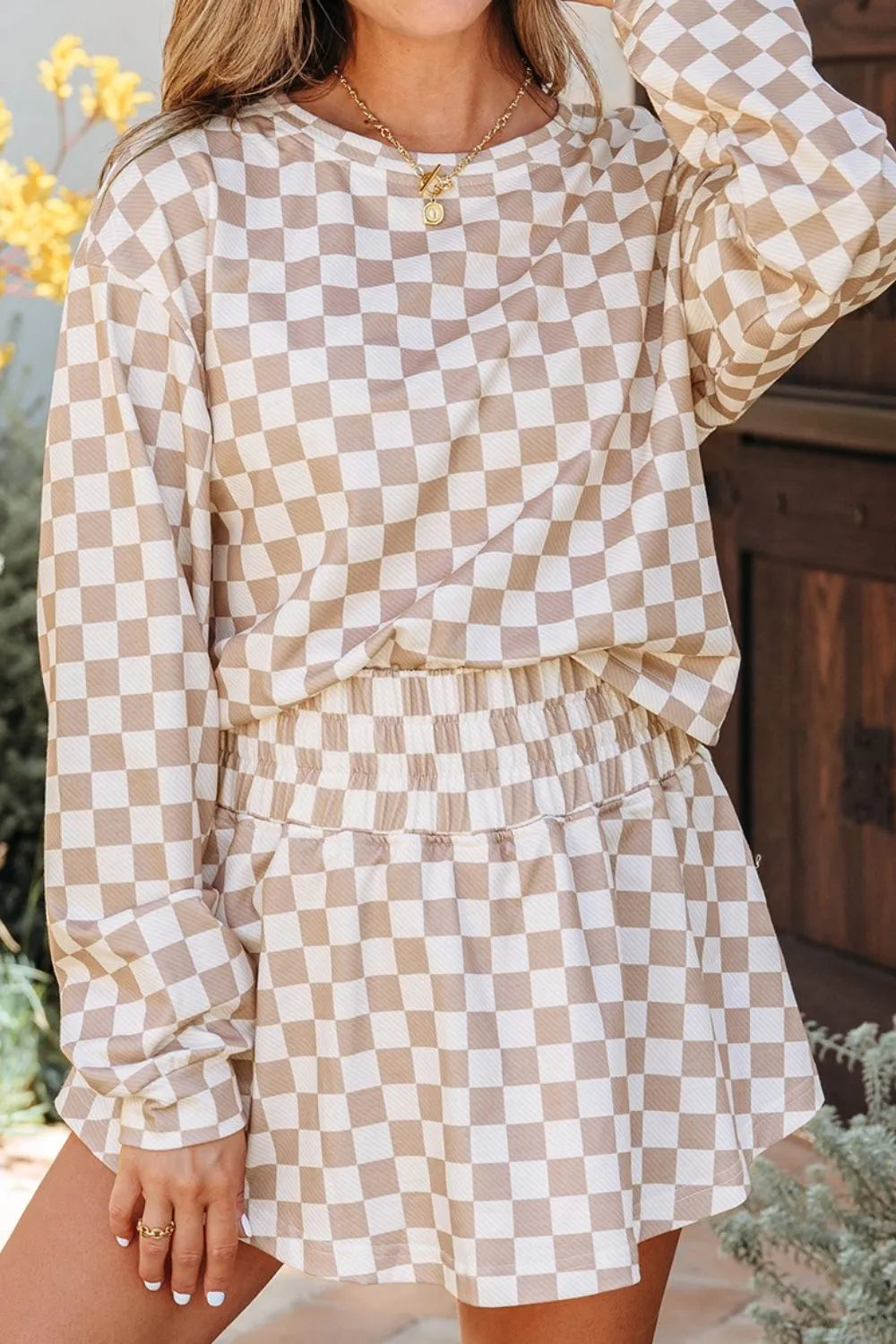 Checkered Long Sleeve Top and Skirt Two Piece Set styled look