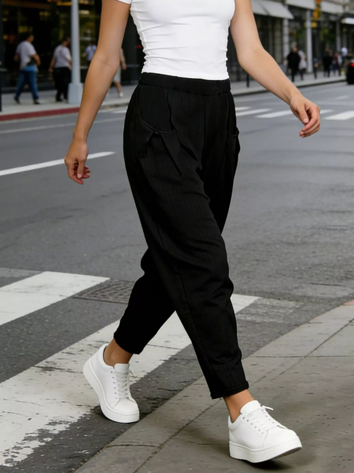 Plus size elastic waist harem pants, on model