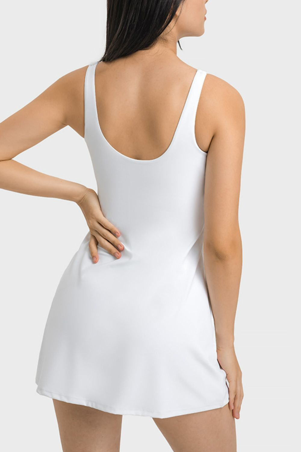 Square Neck Sports Tank Dress with Full Coverage Bottoms on model