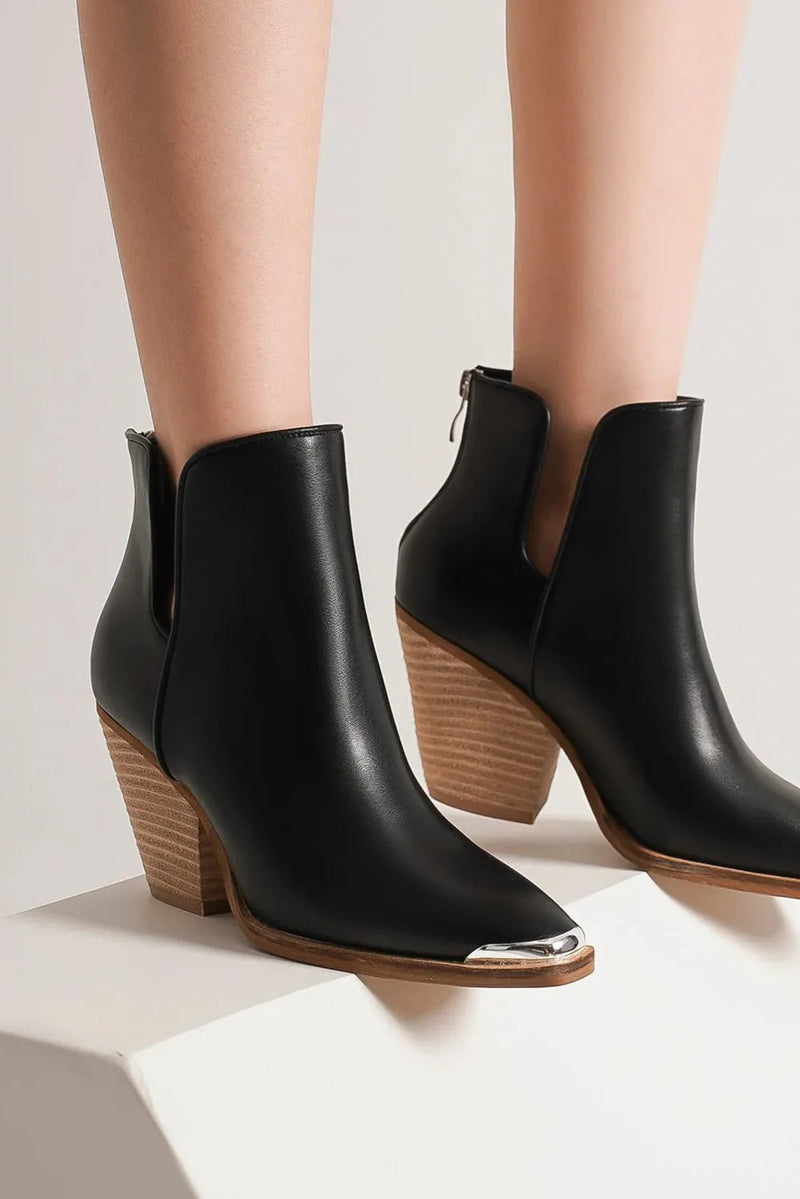 Pointed metal tip toe block heel ankle boots in black front view