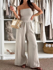 Smocked Tube Wide-Leg Jumpsuit Apricot - Fashorio