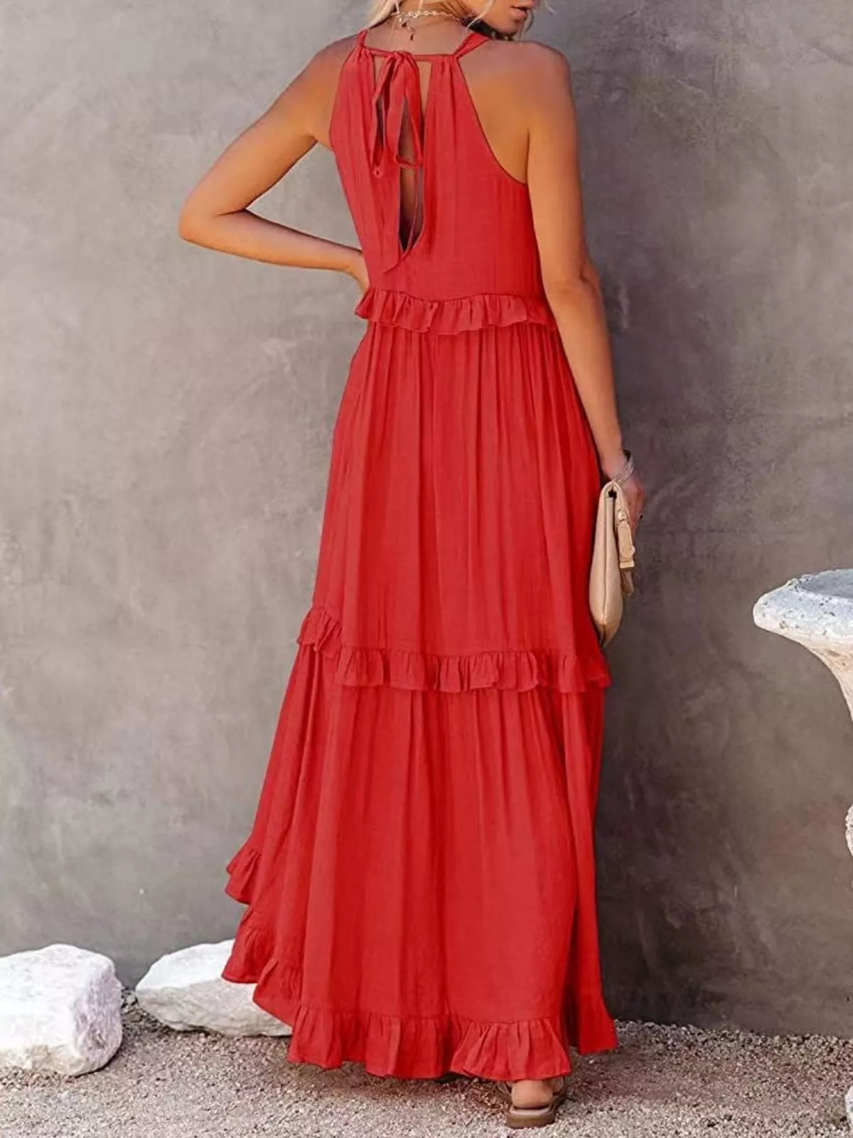 Ruffled tiered sleeveless maxi dress side view