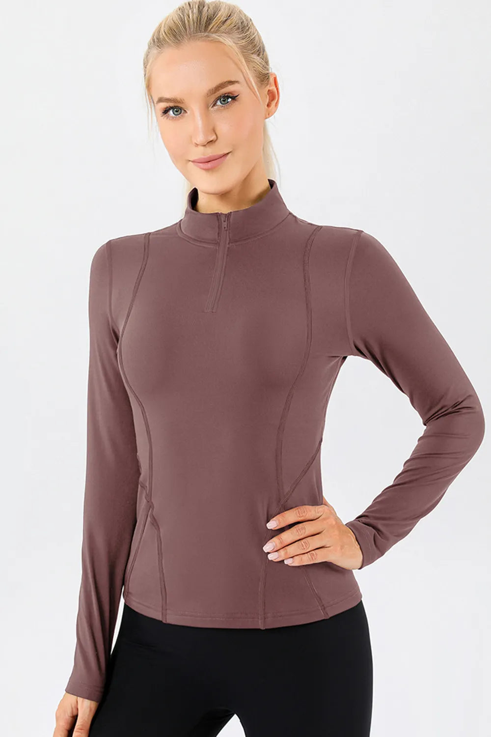 Mock Neck Quarter Zip Active T-Shirt Dusty Pink - Fashorio
