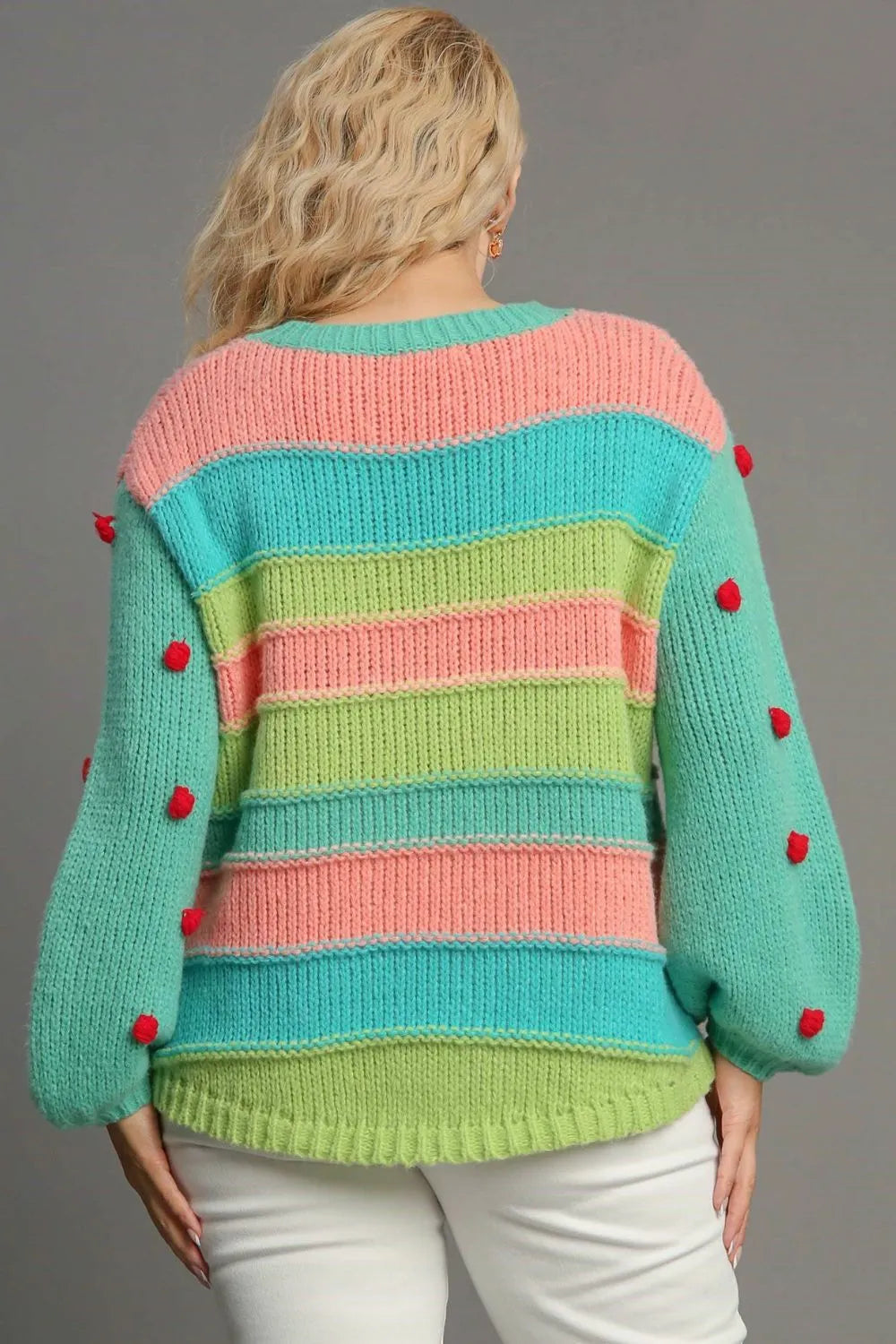 Color Block Cable Knit Pom Pom Sweater Plus Size in Emerald styled look