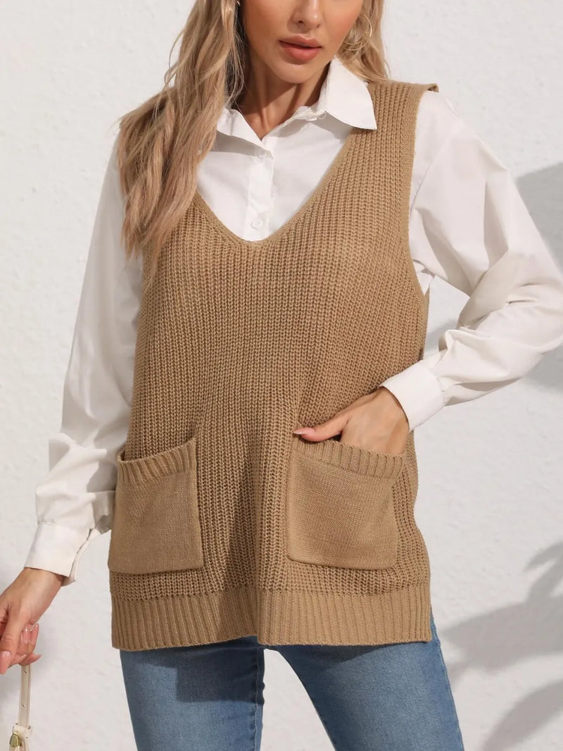 Pocketed V Neck Sweater Vest in Camel