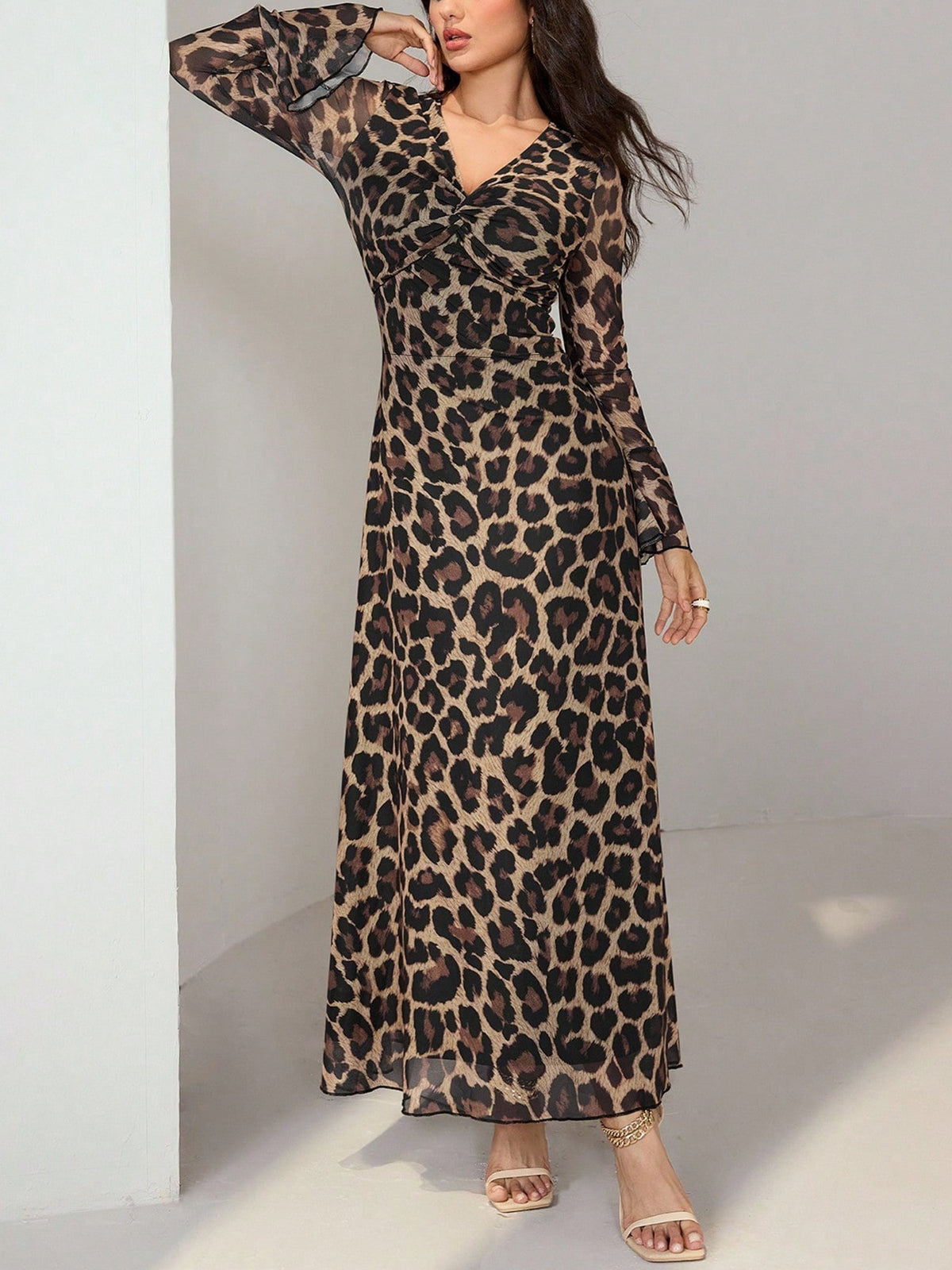 Leopard print flare sleeve maxi dress full length view