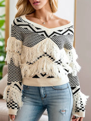 Geometric Fringe Detail V-Neck Sweater Beige - Fashorio