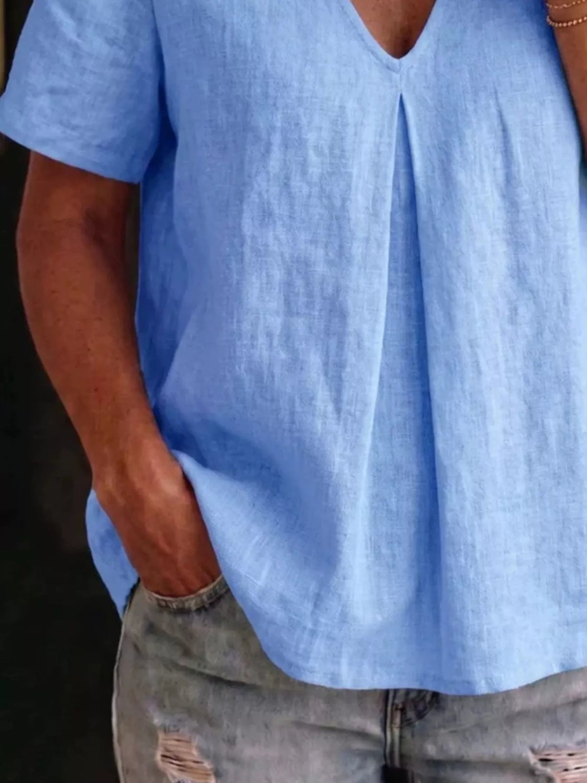 V-Neck Pleated Short Sleeve Blouse, view 7