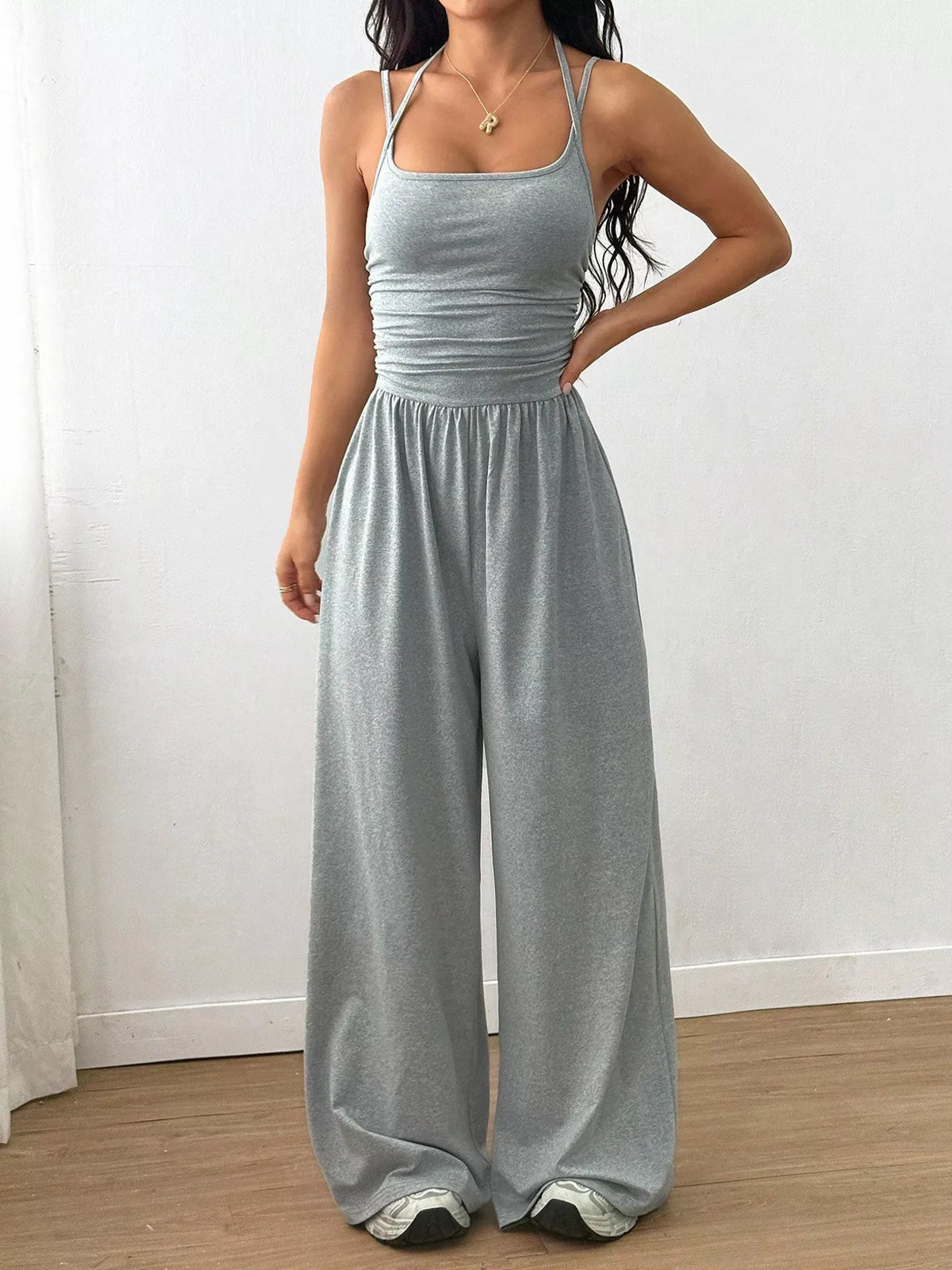Pink wide leg jumpsuit front view