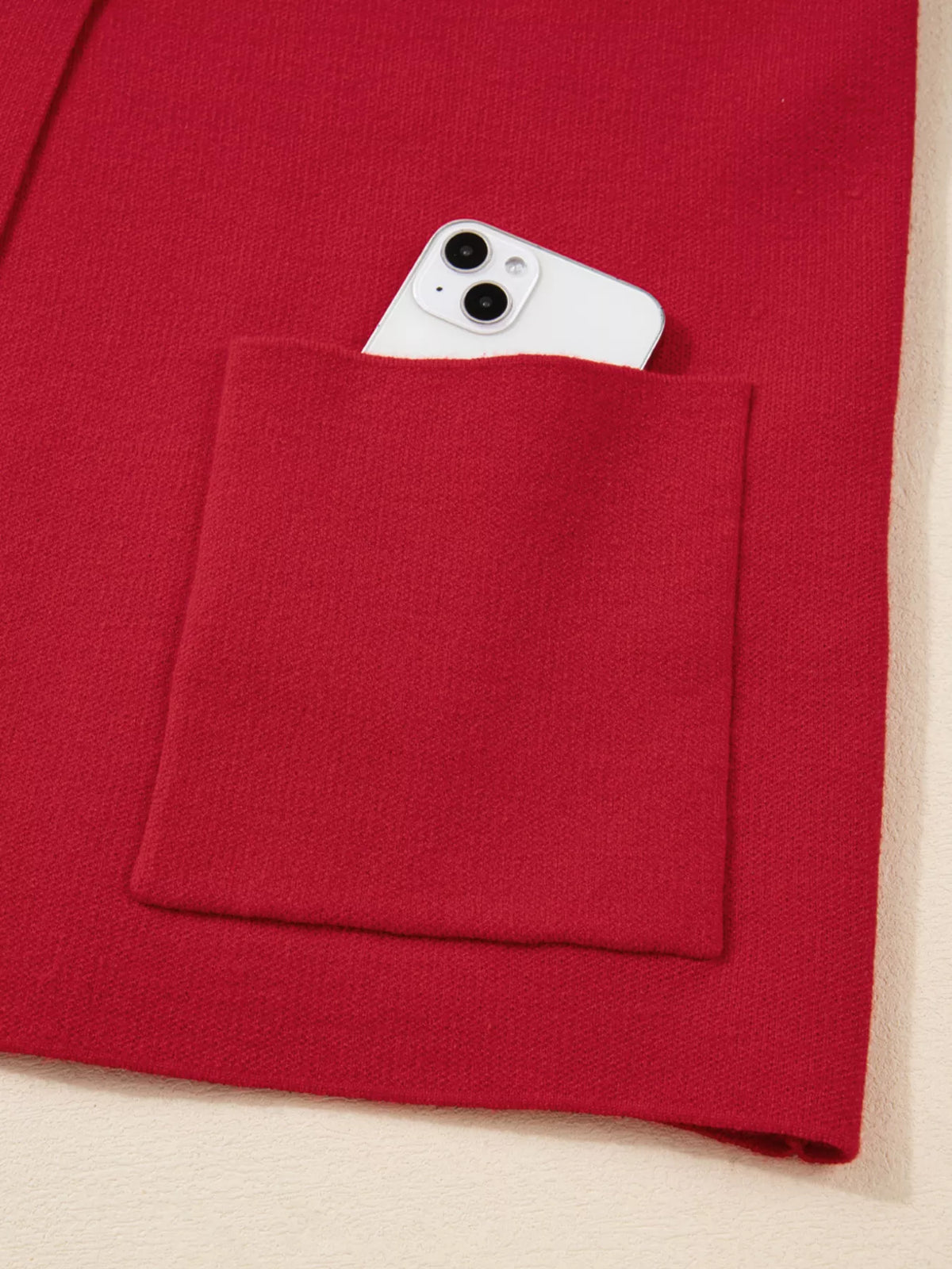 Collared button front wrapped cardigan in scarlet fabric detail