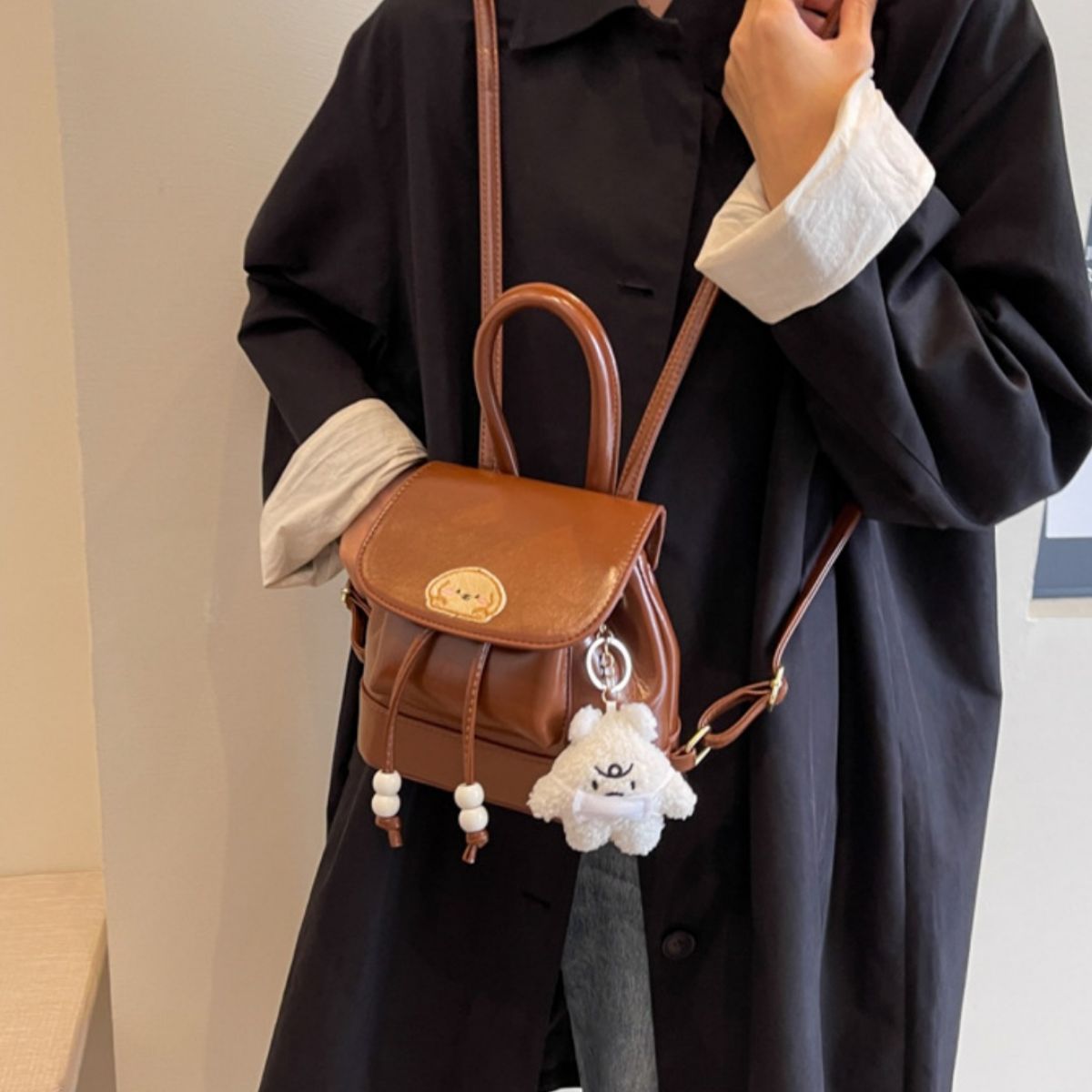 brown puppy patch mini backpack back view