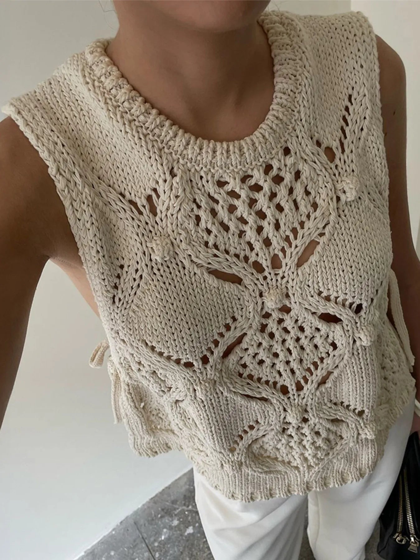 Crochet Hollow Out Sweater Vest Apricot - Fashorio