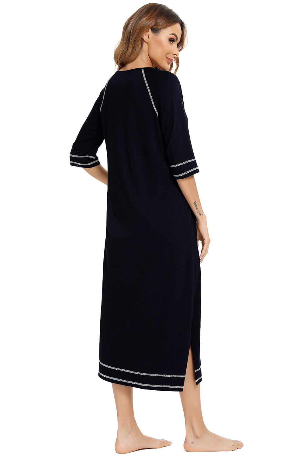 Zip Up Slit Round Neck Night Dress with Pockets - Fashorio