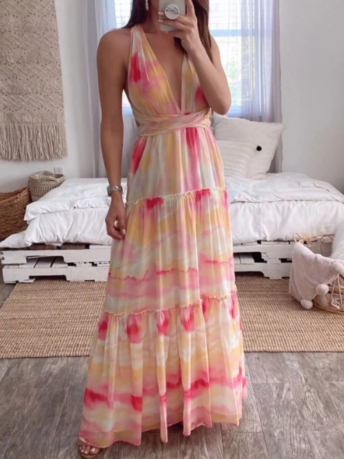 Seraphina pink tie dye tiered dress, front view