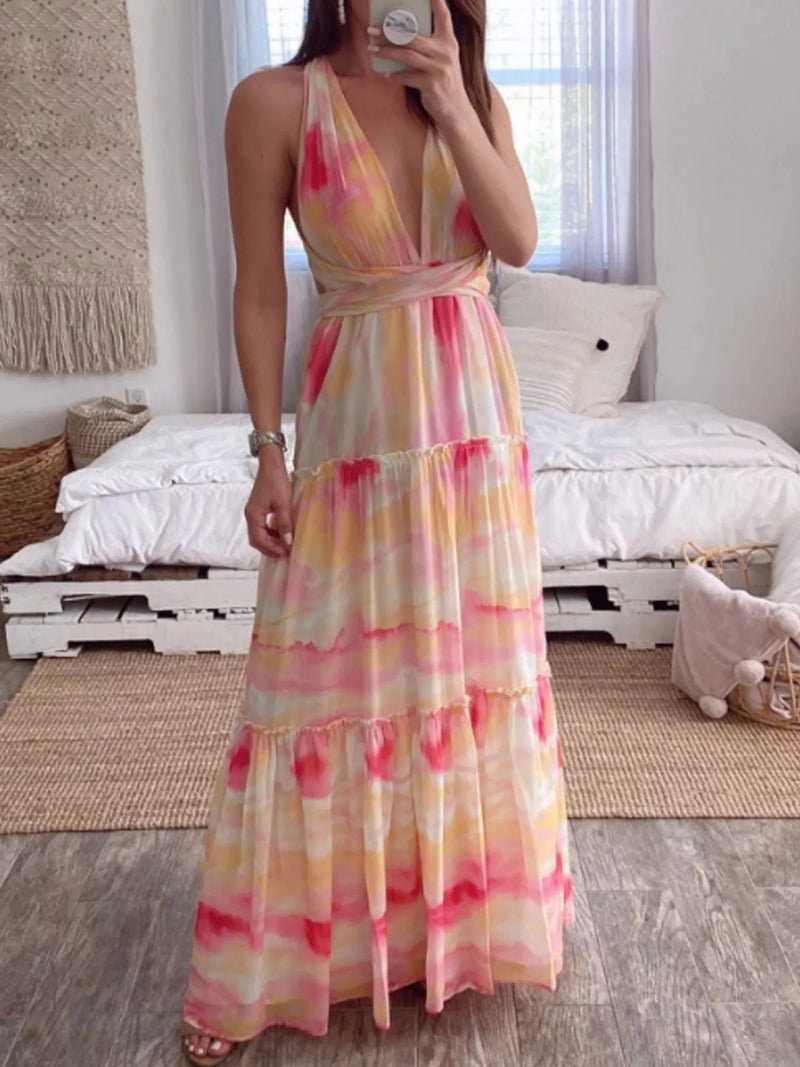 Seraphina pink tie dye tiered dress, front view